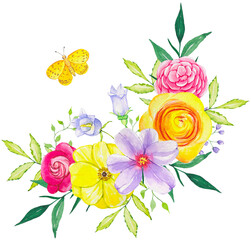 Floral watercolor arrangement of bright flowers. Summer bright bouquet