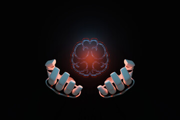 Artificial intelligence Machine Learning Business Internet Technology Concept. Circuit board in shape electronic brain with gyrus, symbol ai hanging over hand robot. 3D illustration