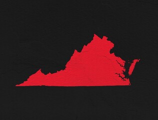 Virginia red map on isolated black background. High quality coloured map of USA state of Virginia.