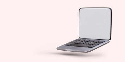 3d image of open minibook from side. Laptop is working. Thin device for work at home, on business trip. Elegant modern gadget. Realistic image of small laptop