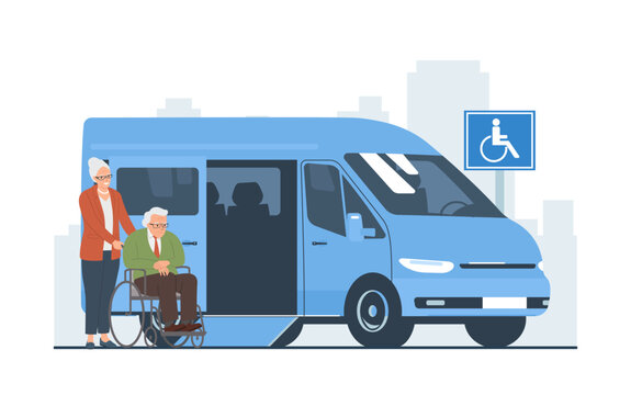 An elderly woman pushes an elderly man in a wheelchair into a van. Vector illustration.