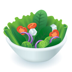 Vegetable salad for vegans or vegetarians 3D illustration. Meal with lettuce, tomatoes, onions, Brussel sprouts, celery and feta cheese in 3D style on white background. Food, healthy eating concept