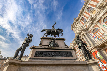 Fototapeta na wymiar TURIN, ITALY, APRIL 11, 2023 - Carlo Alberto Monument in Carlo Alberto Square in Turin, Italy