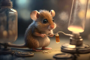 A cute mouse standing on a laboratory table and doing an experiment. Created with Generative AI.