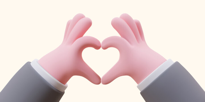 Heart gesture with two hands. 3d image of declaration of love. Non verbal sign of love. Cartoon illustration of sign language, symbol from heart. Relationships between people, customer care