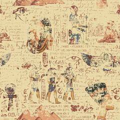 Seamless pattern on an Ancient Egypt theme with color images of Egyptian gods and handwritten text lorem ipsum. Vector abstract background in retro style. Wallpaper, wrapping paper, fabric