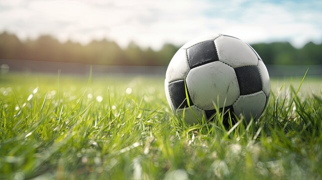 A close-up soccer ball in a grassy field. Generative AI 