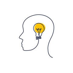 Continuous one line drawing of human head with yellow bulb lamp. Nonstandard thinking, creative idea concept. Vector illustration isolated on white background.