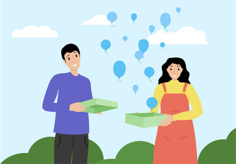 Young couple at gender party, Pregnant woman at a baby shower, man and a woman getting know the gender of their child