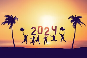 Silhouette friends jumping and holding number 2024 on sunset sky background at tropical beach....