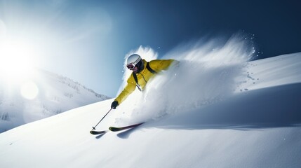 skiing man on a snow clad mountain - obrazy, fototapety, plakaty