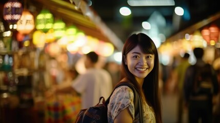 Obraz premium Happy Asian woman traveler in a busy shopping street at night