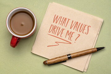 What values drive me? Note on a napkin with coffee. Ethics, motivation and personal development concept.