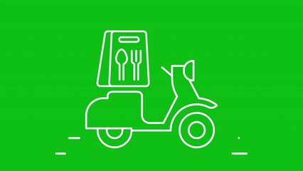 Animated delivery bike white icon. Scooter riding with food package line animation. Fast food. Loop HD video with chroma key, alpha channel, transparent background. Outline motion graphic animation