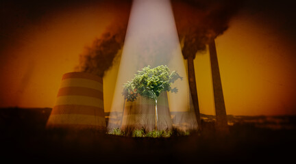A small tree illuminated against the backdrop of a smoking factory or power plant. It is a symbol of ecology and environmental care.