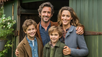 Obraz premium Portrait of a happy family at a garden shed