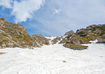 Monte Amaro (Italy) - The snow mountain summit in the Majella mount range, Abruzzo region, with...