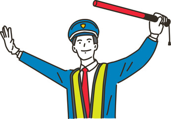 誘導棒で交通誘導をするガードマンの男性
