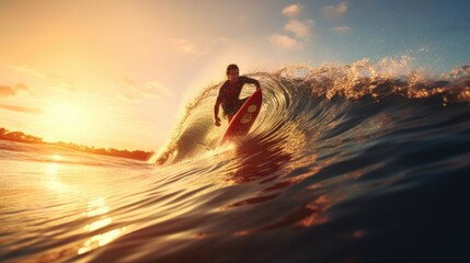 man surfing on waves in sunset