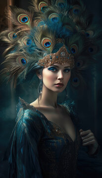 Beautiful peacock woman dressed in blue and green feathers, looking amazing. Generative AI illustrations