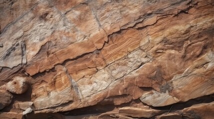 Brown rock texture with cracks. Rough mountain surface. Close-up. Stone background for design. Generative AI.