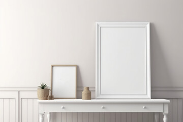 Blank portraits in wooden frames of small and big sizes standing on white table