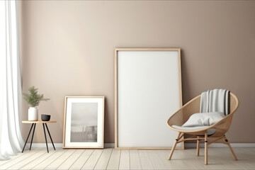 Elegant framed portraits standing against beige wall near armchair