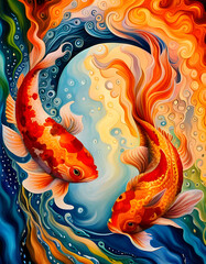 watercolor style koi carp surrounded by flowing fire and water elements swimming in a yin yang type shape. generative ai - obrazy, fototapety, plakaty