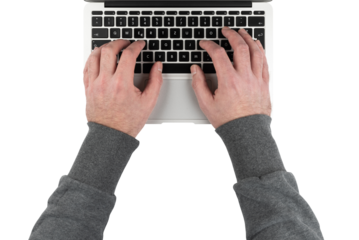 top down view of hands of man typing on laptop computer, transparent background PNG