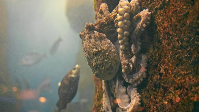 An octopus on a rock in the muddy water of the ocean, large tentacles and many fish in the background.