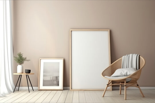Elegant framed portraits standing against beige wall near armchair