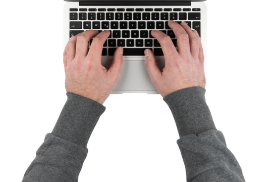 top down view of hands of man typing on laptop computer, transparent background PNG - Powered by Adobe