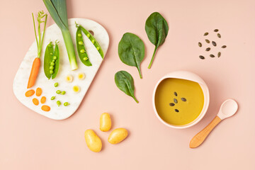Baby puree recipe made of fresh vegetables. First baby solid food recipe idea. Top view,  flat lay