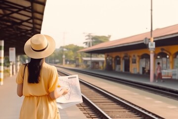 Young woman in elegant hat using generic local map of new city at station