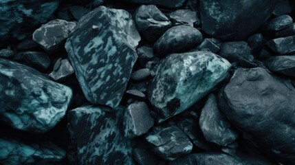 Blue green stone background. Dark blue toned monochrome rock texture. Generative AI.