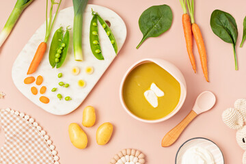 Baby puree recipe made of fresh vegetables. First baby solid food recipe idea. Top view,  flat lay - obrazy, fototapety, plakaty