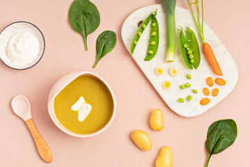 Baby puree recipe made of fresh vegetables. First baby solid food recipe idea. Top view,  flat lay