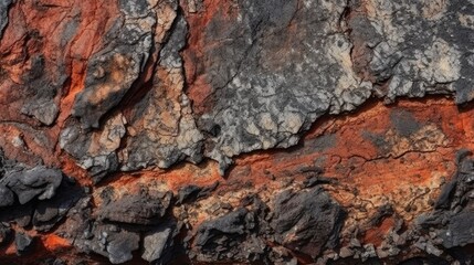 Black red grunge background. Fragment of a mountain close-up. Rusty rough stone surface. Generative AI.