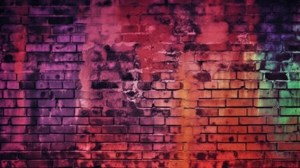 Magenta purple red brown green old brick wall. Toned colorful grunge background. Space. Design. Cracked, broken, crumbled. Color gradient. Horror, spooky, creepy, scary, frightening. Generative AI。
