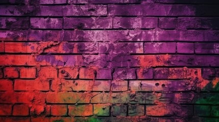 Fototapeta na wymiar Magenta purple red brown green old brick wall. Toned colorful grunge background. Space. Design. Cracked, broken, crumbled. Color gradient. Horror, spooky, creepy, scary, frightening. Generative AI。