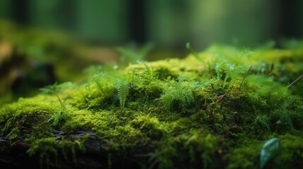 A green moss on a blurred forest background. Close-up. Natural background with copy space for your design. Generative AI.