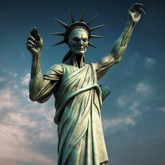 Fototapeta premium alien, monster, statue, liberty, statue of liberty, new york, freedom, usa, america, new, york, city, monument, landmark, manhattan, new york city, nyc, symbol, torch, generative ai