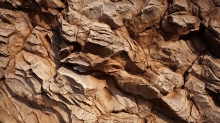 Brown rock texture with cracks. Rough mountain surface. Close-up. Stone background for design. Generative AI.