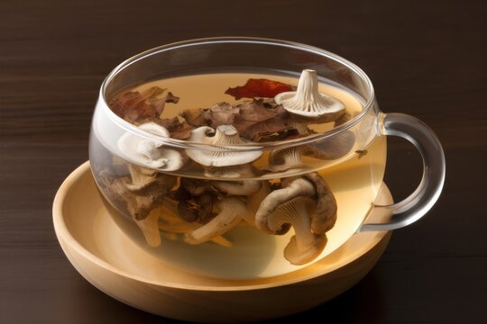 Glass cup with hot mushroom tea standing on plate on black background