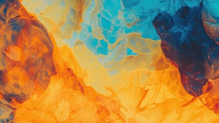 Blue orange yellow abstract background. Toned rock texture background with copy space for design. Wide banner. Bright, vibrant, beautiful, colorful, beauty, fashion. Ice fire. Generative AI.
