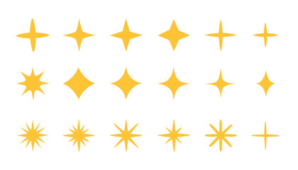 Yellow sparkles set, vector sparkling stars, shiny flashes of fireworks. Set of star elements of various shapes.