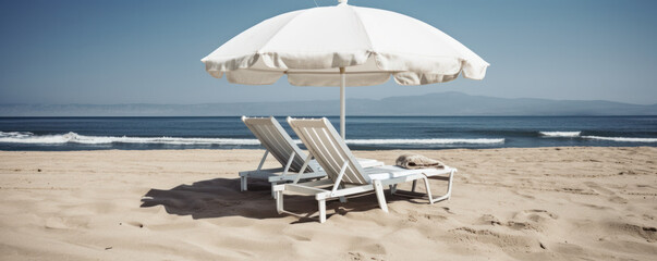 Fototapeta na wymiar Relax and enjoy the view of the endless ocean from two beach chairs under the shade of umbrellas is AI Generative.