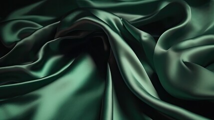 Obraz premium Dark green silk satin background. Beautiful soft folds on the smooth surface of the fabric. Luxury background with copy space for design. Generative AI.
