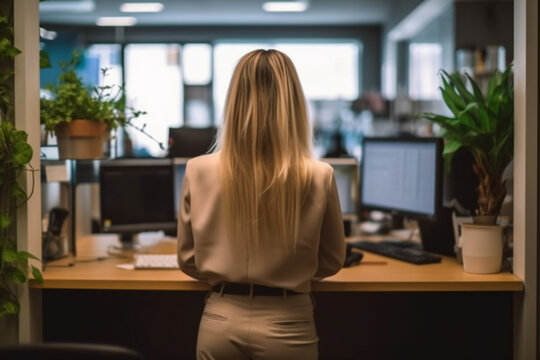 Excited asian people back view in the office standing. AI generative