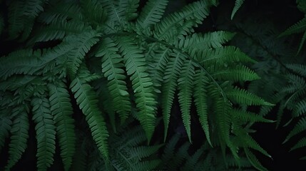 Fototapeta na wymiar Beautiful dark green nature background. Fern leaves. Black green background for design. Web banner. Website header. Exotic plants. Close-up. Generative AI.